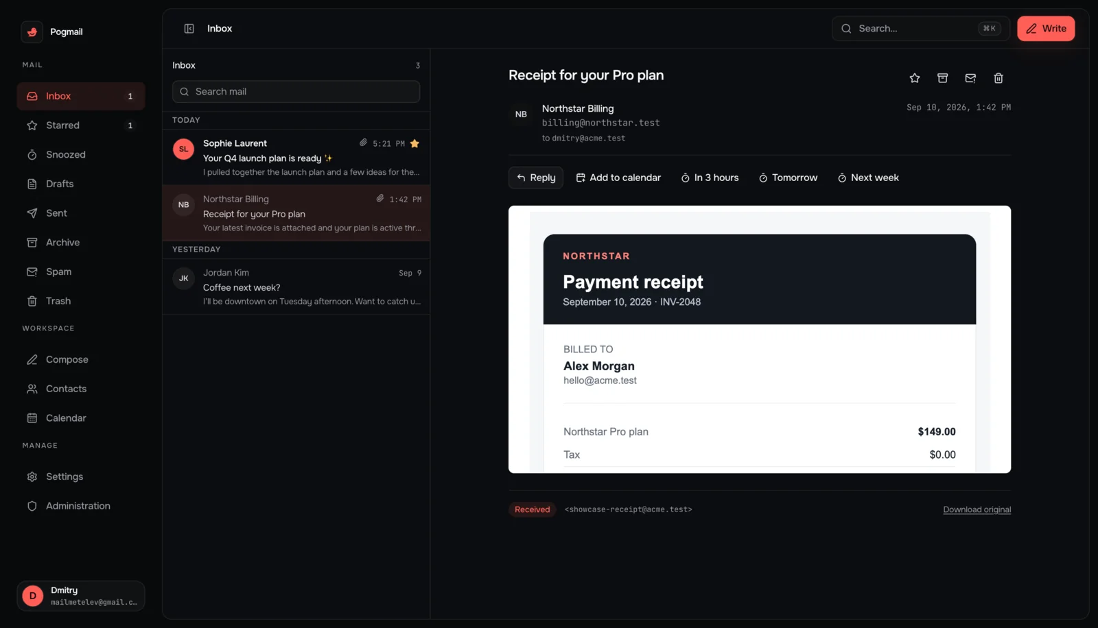 Pogmail inbox interface showing a received receipt